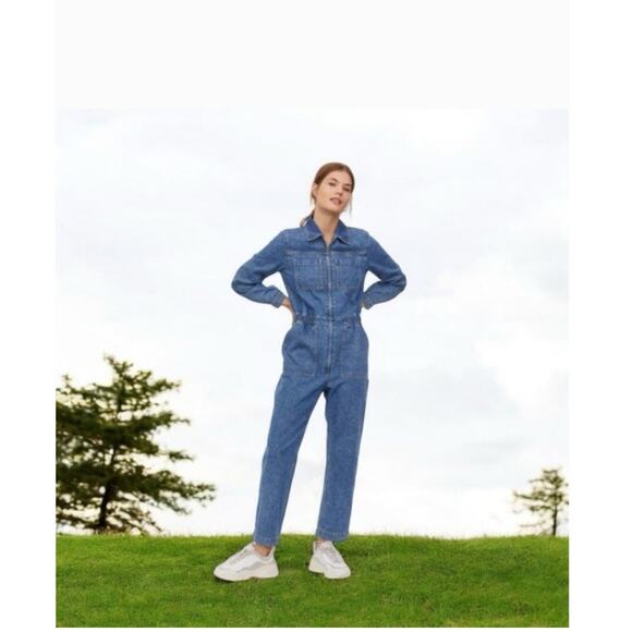 &Denim Jumpsuit Chambray Blue Long Sleeve Tie Waist Pockets Size M - Picture 6 of 6